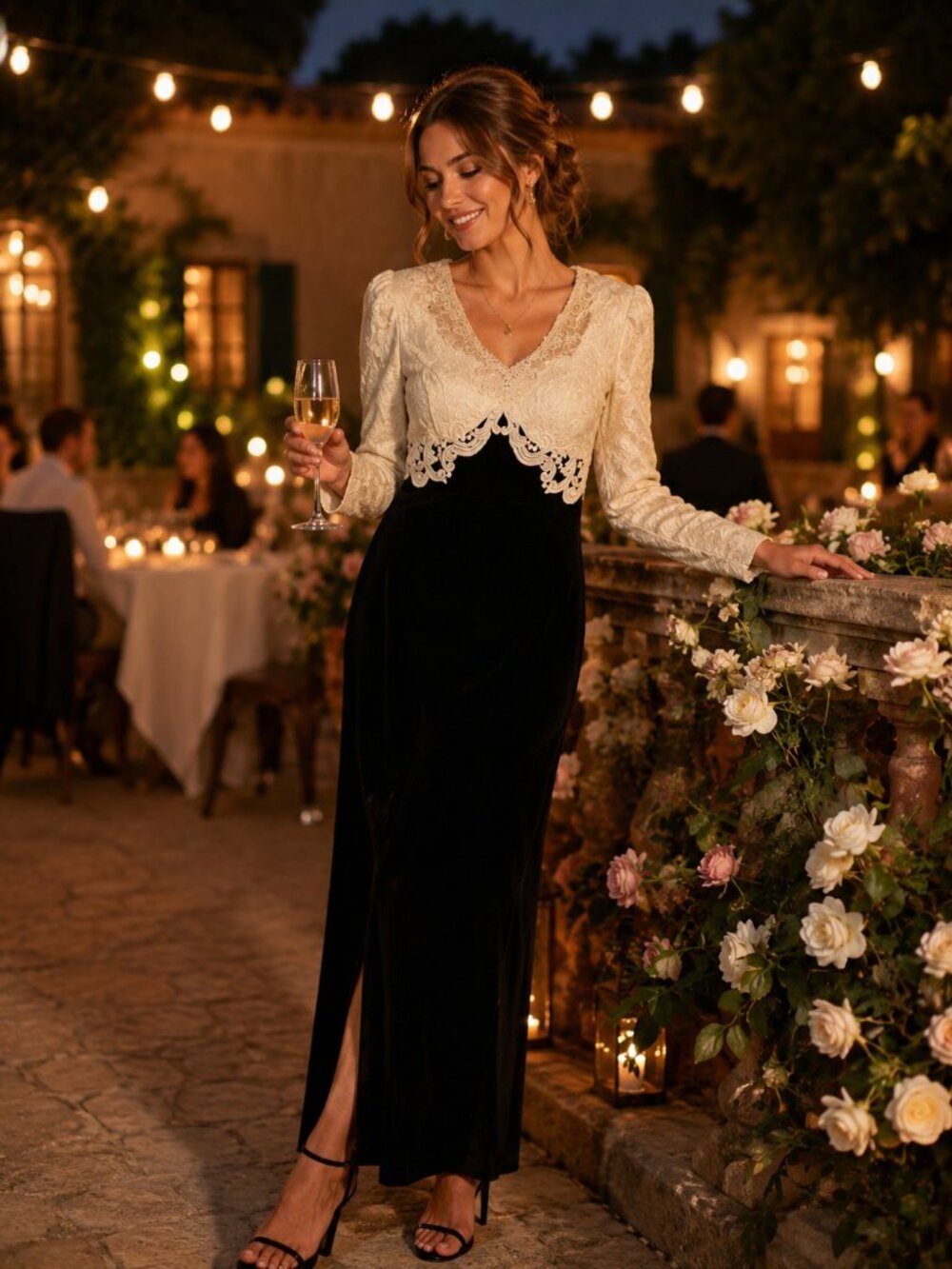 Scott McClintock Black and Ivory Long Sleeve Lace Velvet Evening Gown